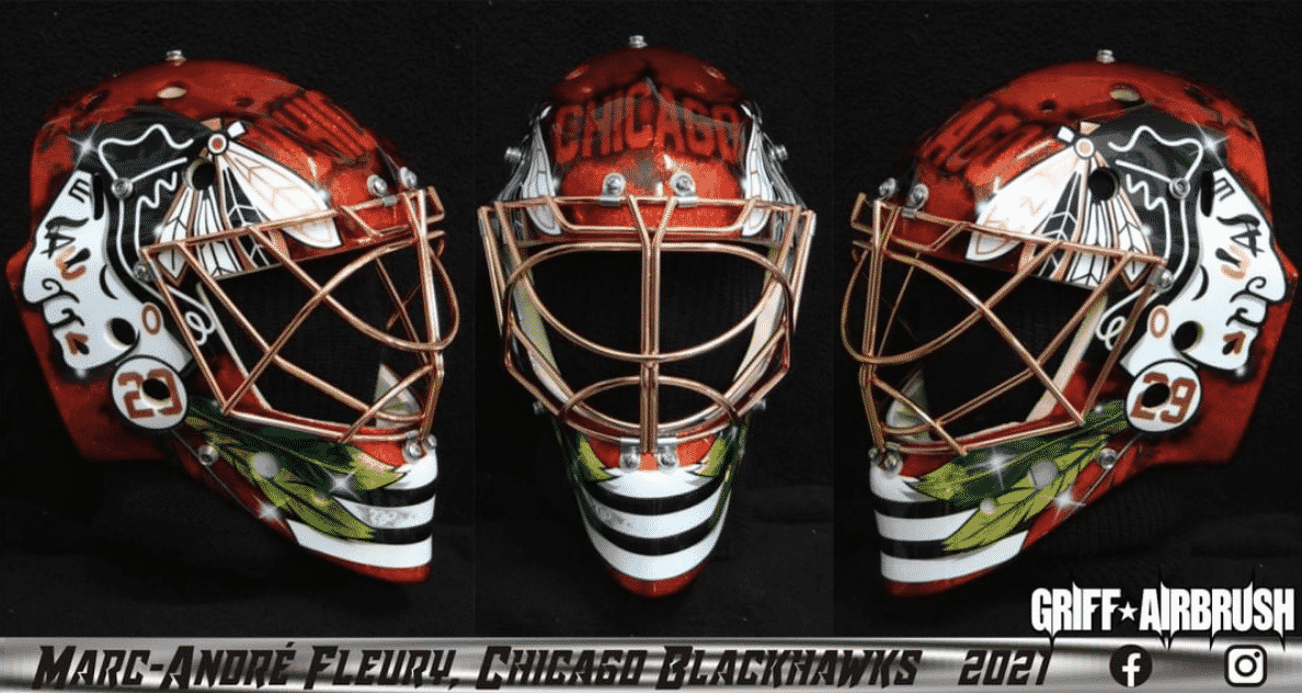 The Vaughn Pros Choice Chicago Blackhawks Helmet painted by Griff Airbrush that Marc Andre Fleury will wear during the 2021-22 NHL season