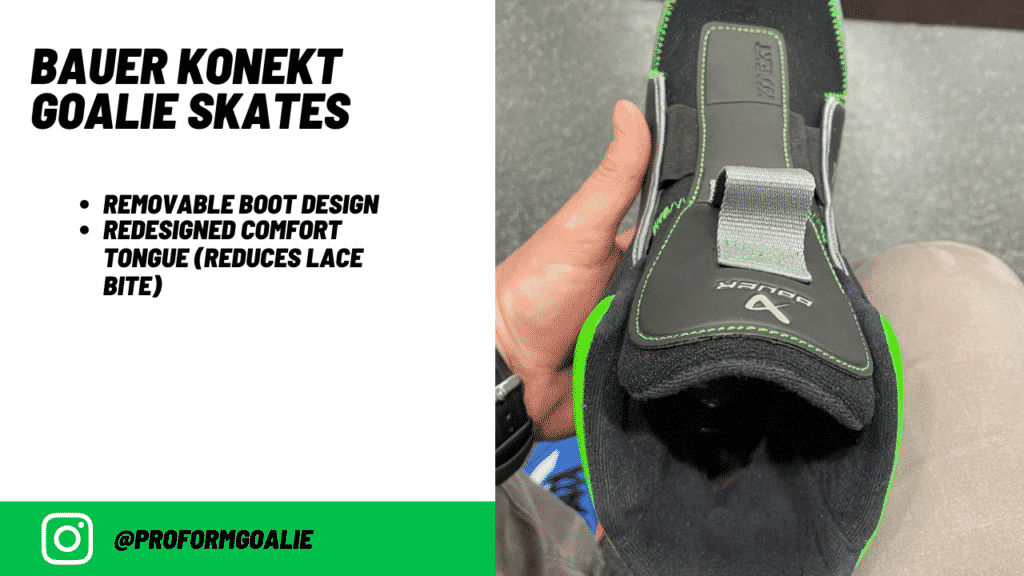 Photo showing us holding the Bauer Removable Boot on Bauer Konekt Goalie Skates