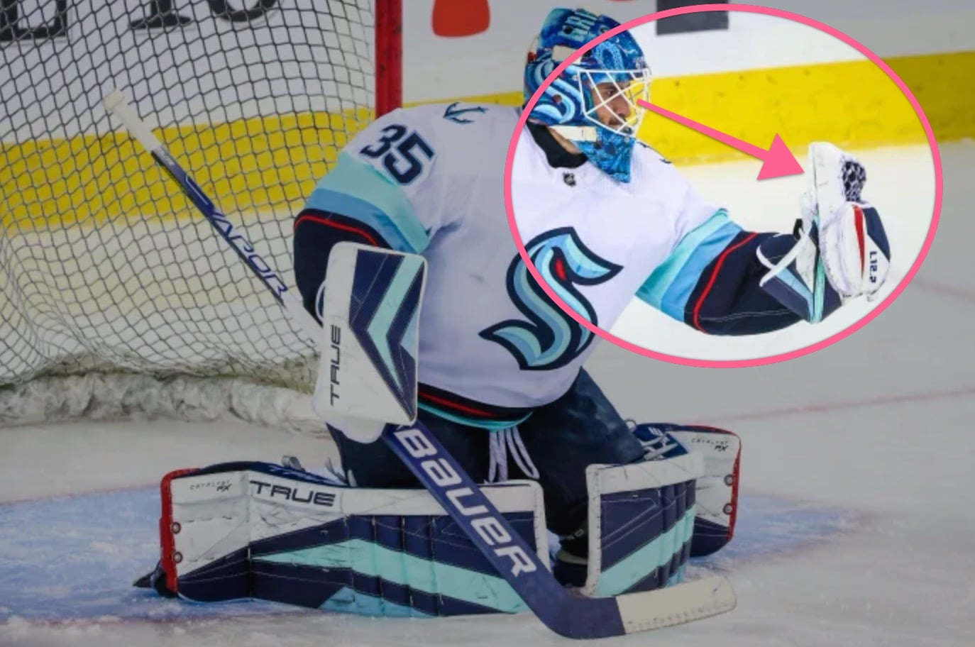 Joey Daccord demonstrating eyes connected to the puck making a glove save