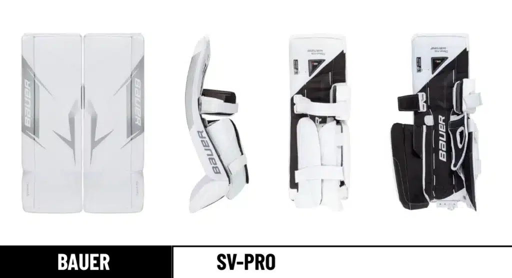 Bauer SV-Pro goalie pads front, leg channel open & closed, and side view_result
