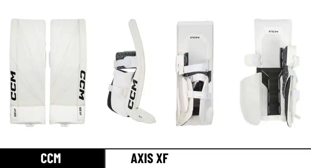 CCM Axis XF goalie pads front, leg channel open & closed, and side view_result