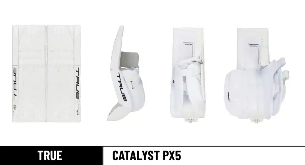 True Catalyst PX5 goalie pads front, leg channel open & closed, and side view_result