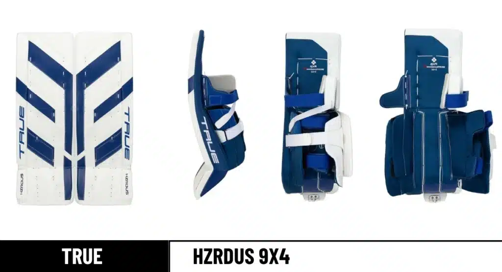 True HZRDUS 9X4 goalie pads front, leg channel open & closed, and side view_result