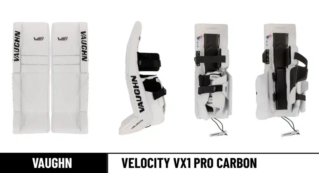 Vaughn Velocity VX1 Pro Carbon goalie pads front, leg channel open & closed, and side view_result