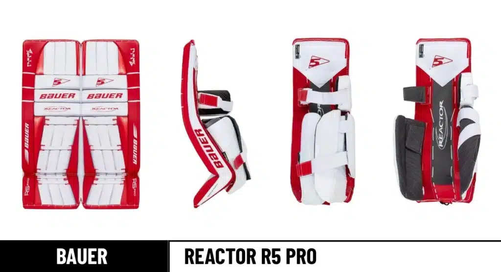 bauer Reactor R5 Pro goalie pads front, leg channel open & closed, and side view_result
