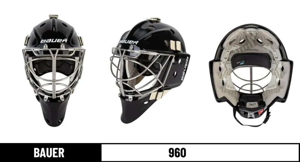Bauer 960 goalie masks front, side and padding photos