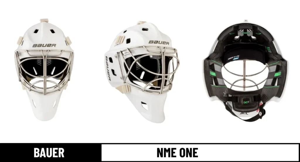 Bauer NME One goalie masks front, side and padding photos