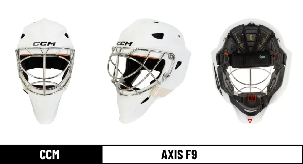 ccm f9 goalie masks front, side and padding photos