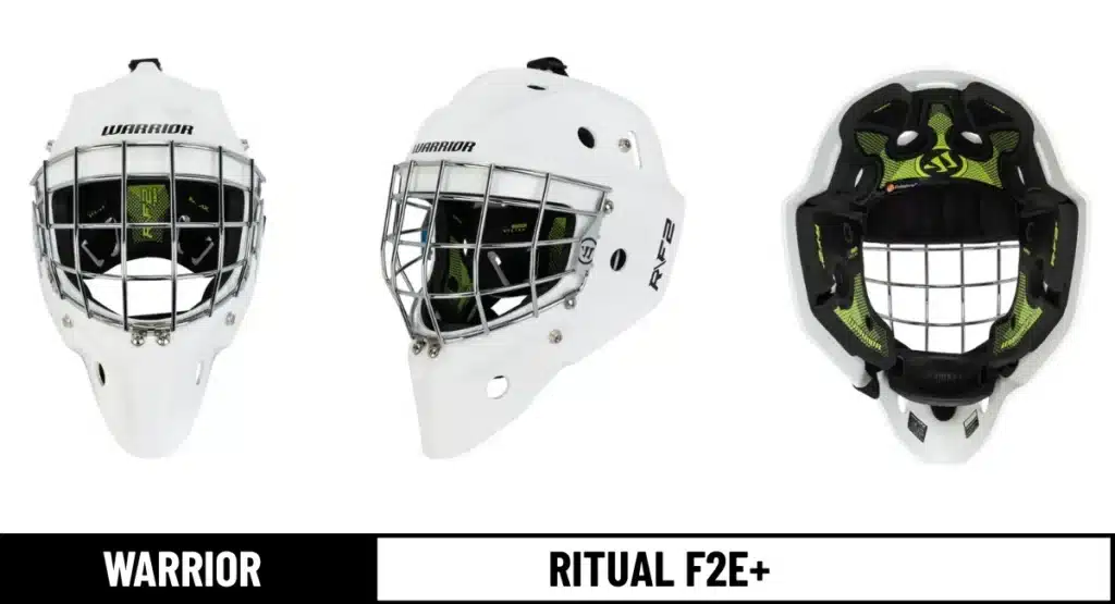 warrior f2e+ goalie masks front, side and padding photos
